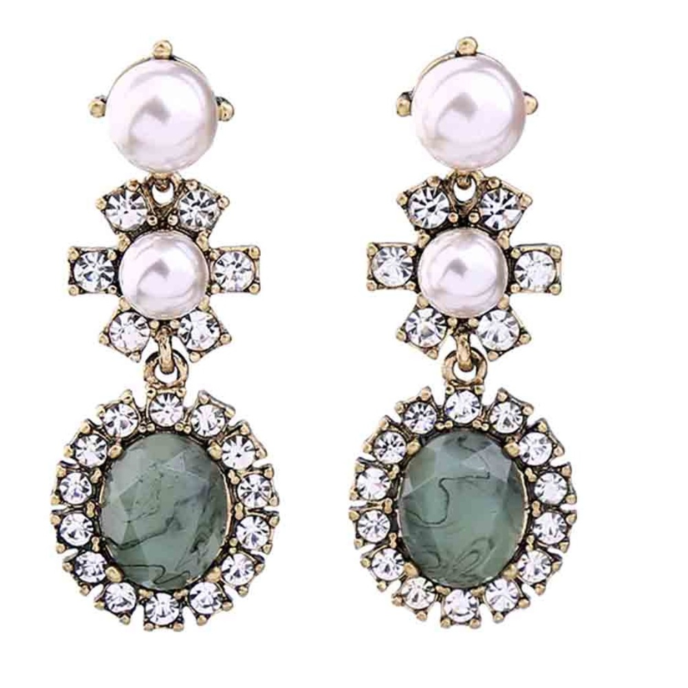 Green Dangle Simulated Pearl and Rhinestone Earrings